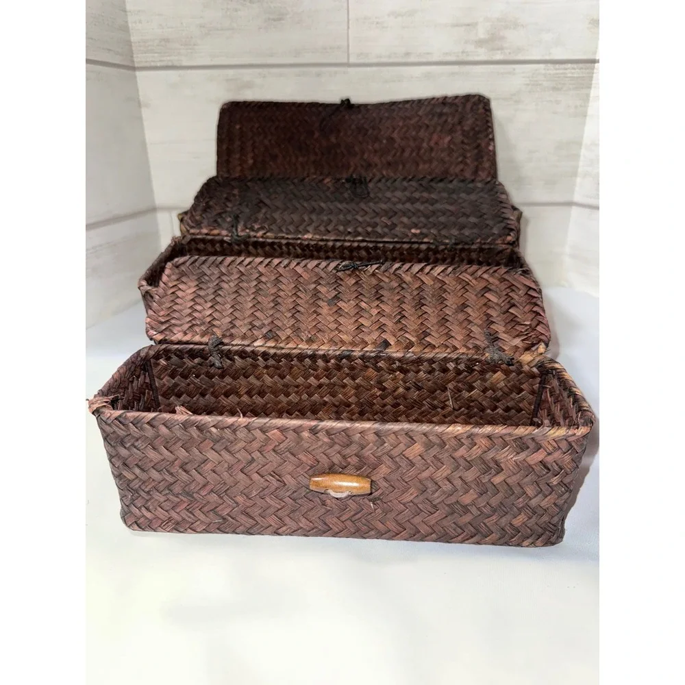 Set of 3 Nesting Woven Seagrass Storage Baskets Dark‎ Brown Rectangle Lidded Box